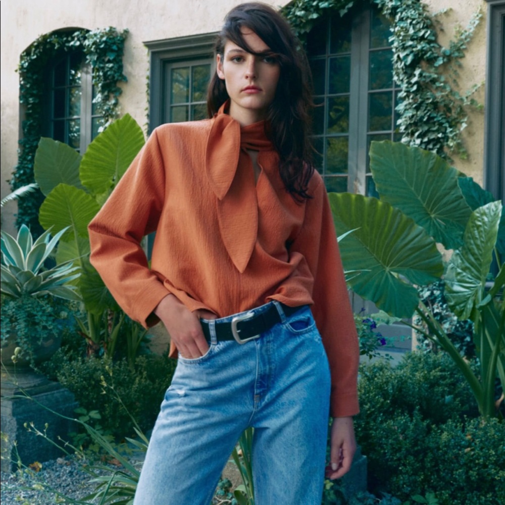 Zara textured tie blouse